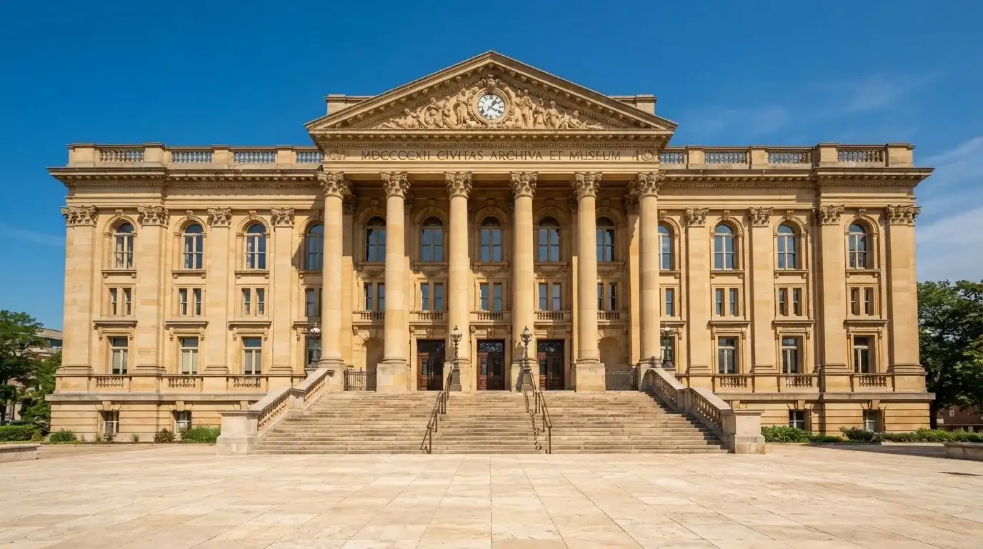 Fachada de un edificio institucional con columnas de piedra bajo un cielo azul despejado, sin ninguna persona visible.
