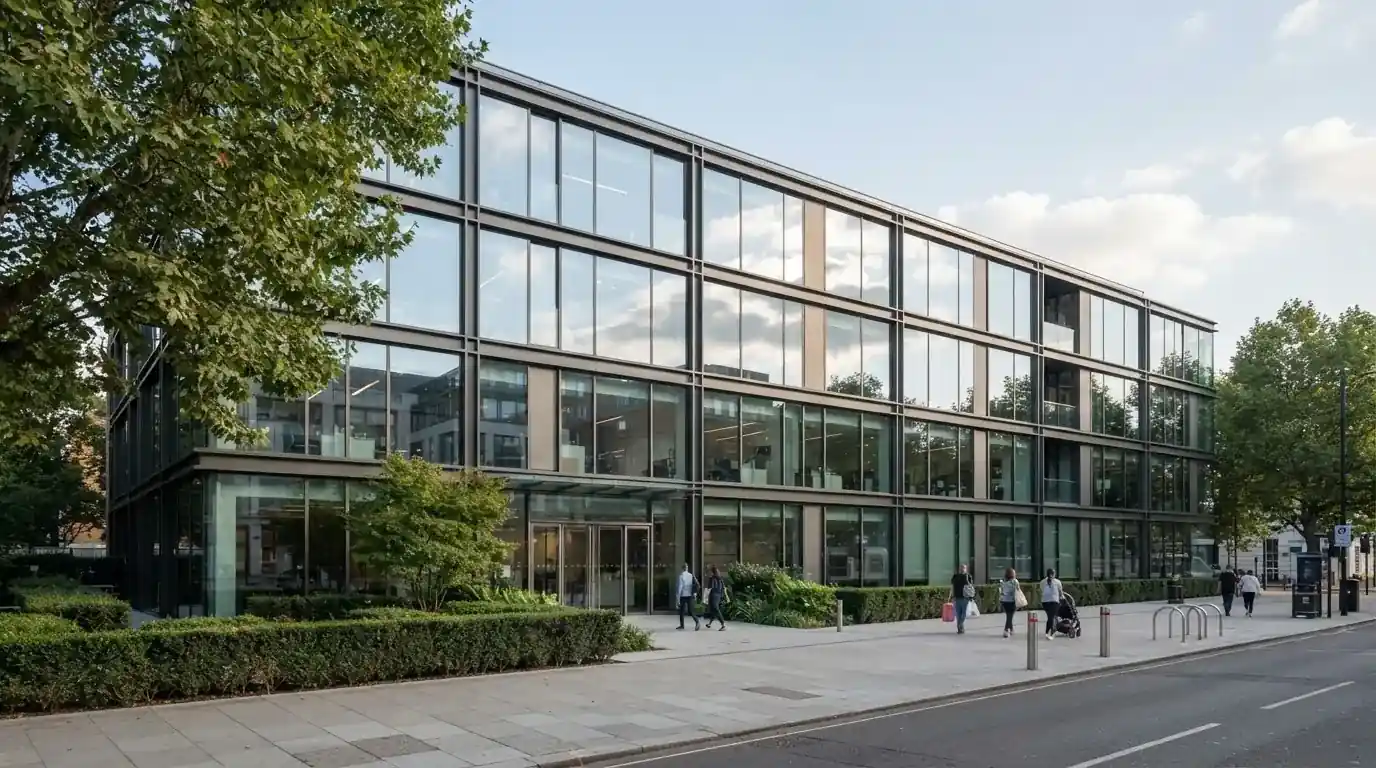 Edificio moderno de oficinas con grandes ventanales de cristal reflejando el cielo, visto desde una calle peatonal.