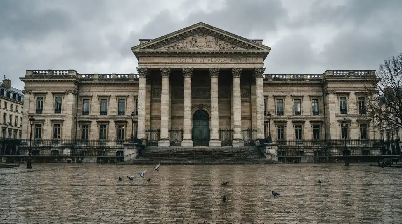 Fachada de un edificio institucional con grandes columnas y una plaza empedrada al frente, bajo un cielo nublado.