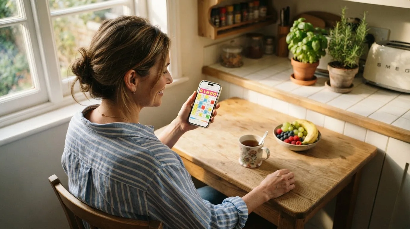 Mujer adulta sonríe mientras sostiene un teléfono móvil sentada en la cocina de su casa por la mañana.