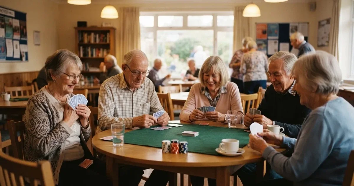 Grupo de personas mayores juega a las cartas alrededor de una mesa redonda en un salón comunitario iluminado.