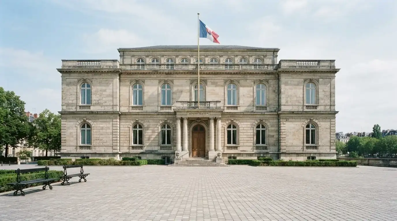 Fachada clásica de un edificio administrativo con una bandera ondeando y una plaza vacía al frente.