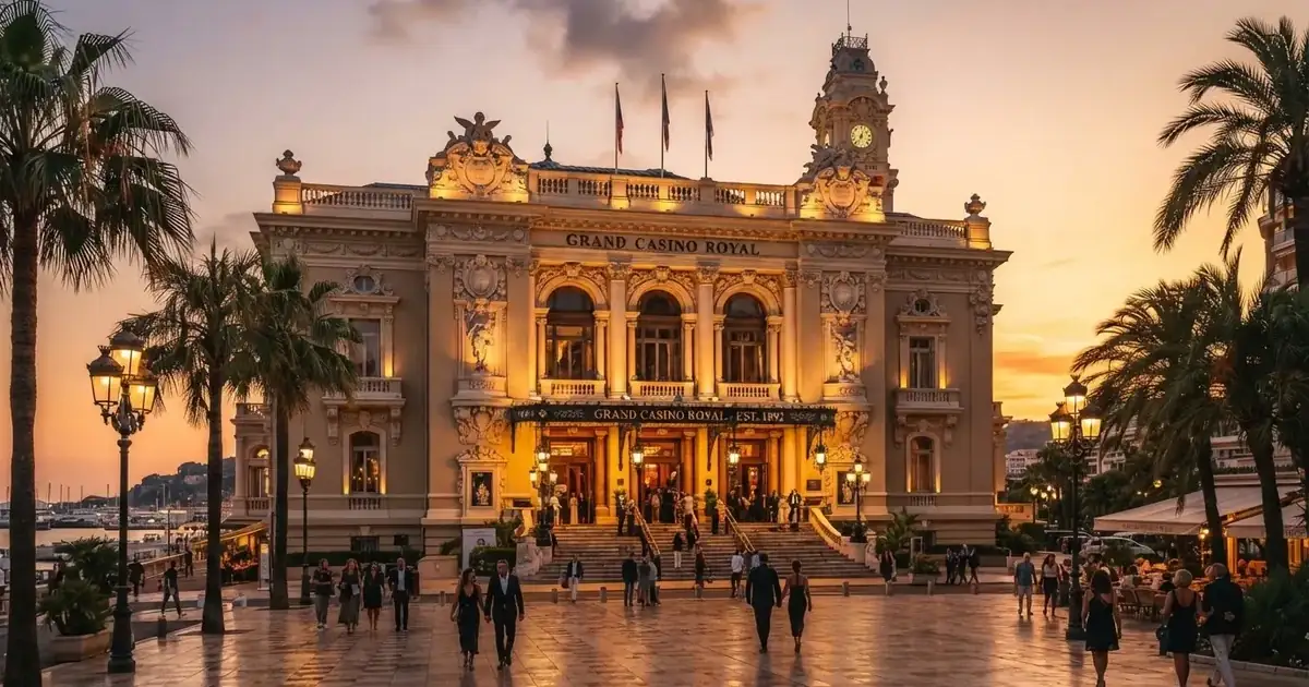 Fachada iluminada de un edificio clásico de estilo señorial en una ciudad europea al atardecer.