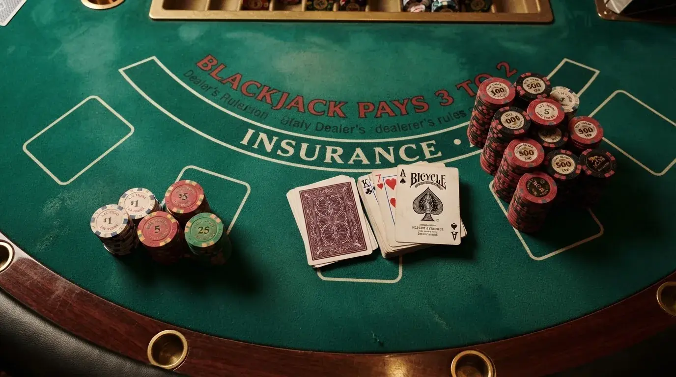 Vista cenital de una baraja de cartas y fichas de casino apiladas sobre una mesa de fieltro verde.