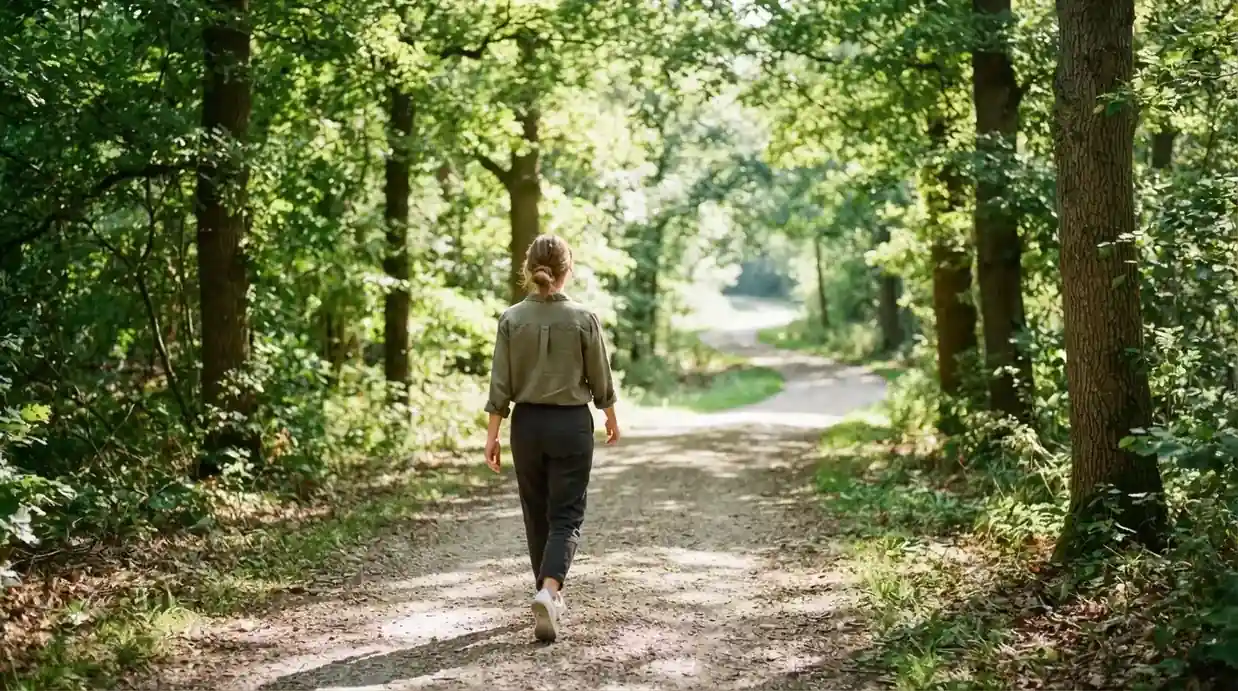 Persona caminando por un sendero arbolado durante una mañana soleada, en actitud relajada.