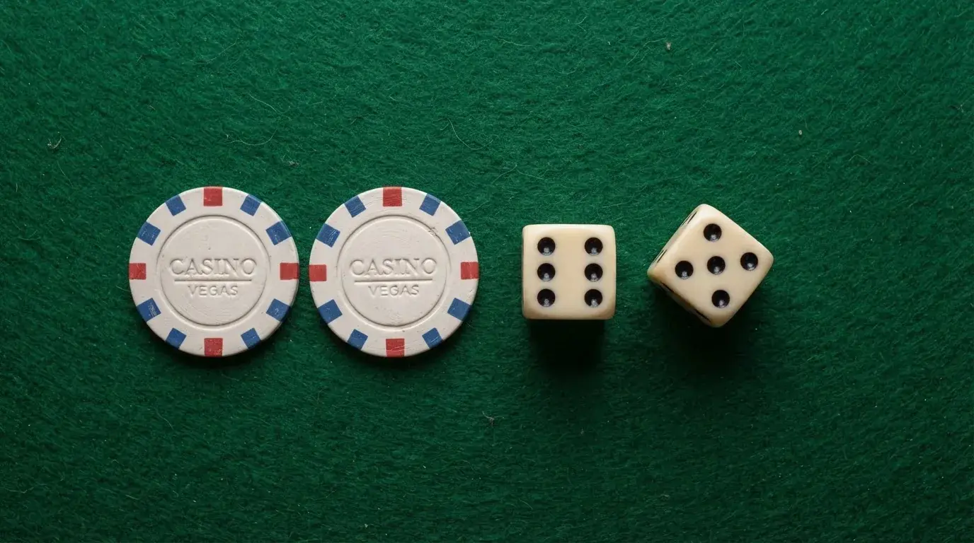 Vista cenital de fichas de casino y dados sobre una mesa de fieltro verde bajo luz suave.