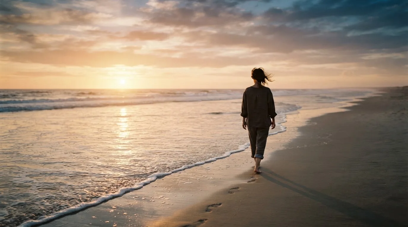 Persona caminando por la orilla del mar al atardecer en actitud relajada.