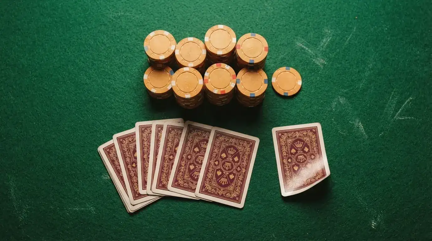 Vista cenital de fichas doradas y una baraja de cartas sobre una mesa de fieltro verde.
