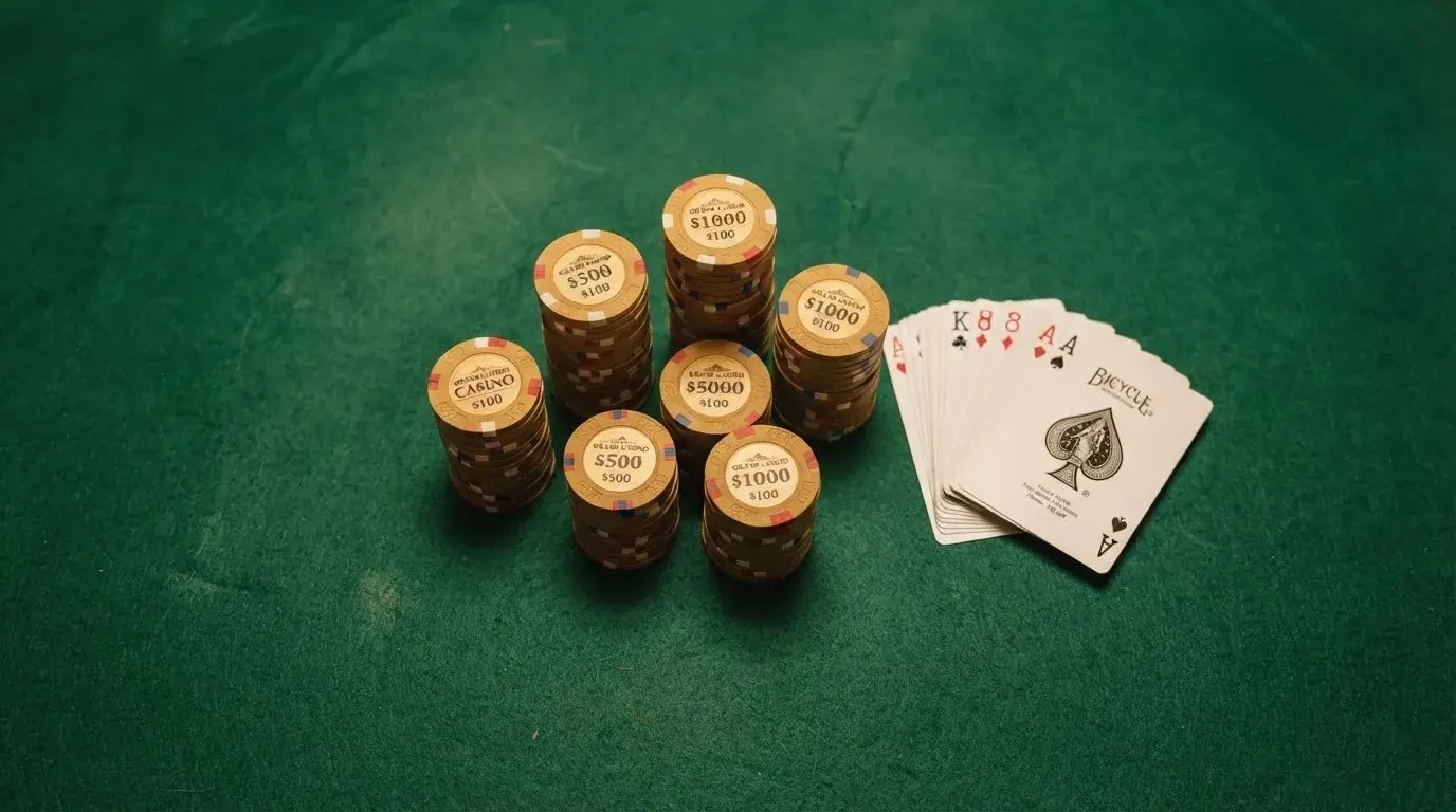 Vista cenital de fichas doradas y una baraja de cartas sobre una mesa de fieltro verde.