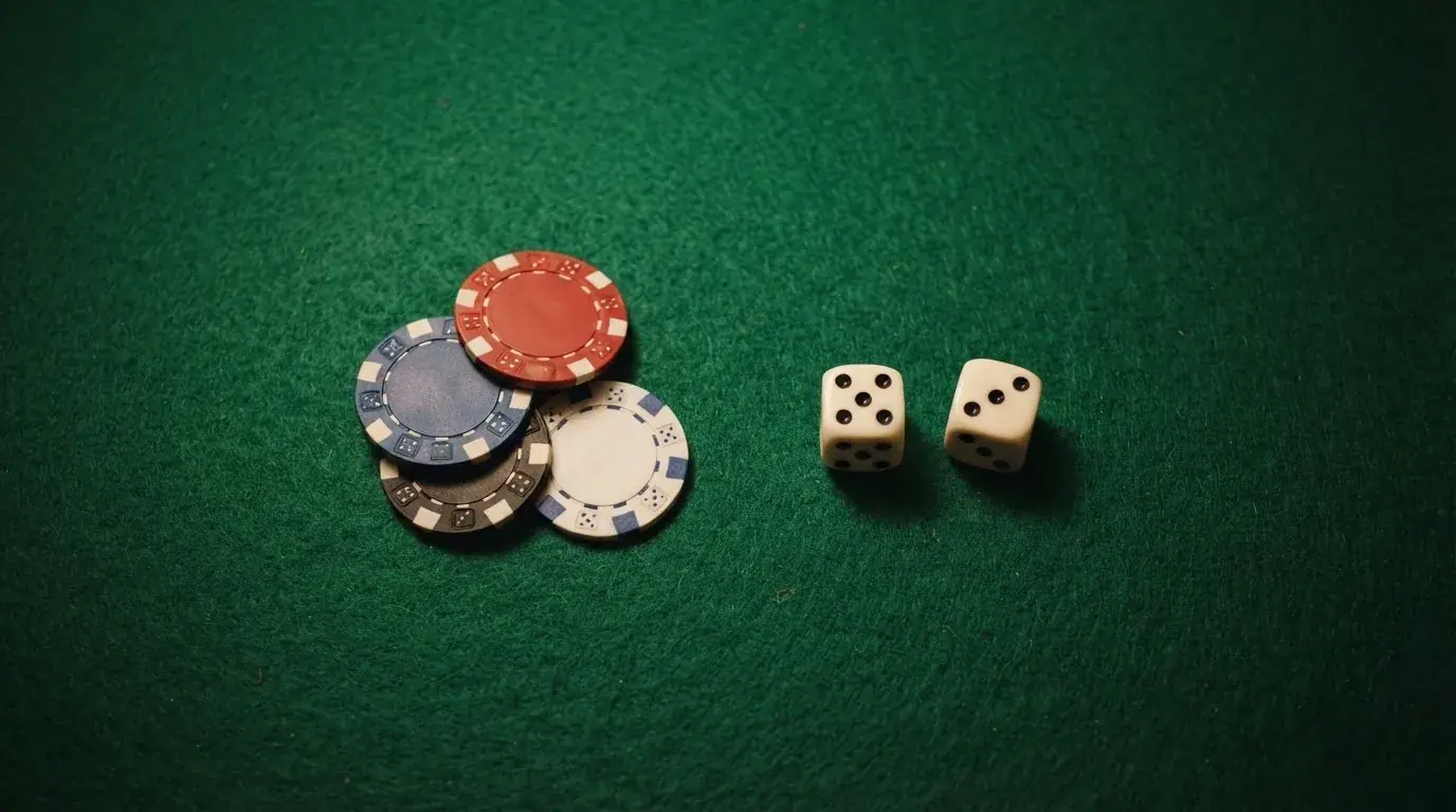 Vista cenital de fichas de casino y dados sobre una mesa de fieltro verde bajo luz suave.