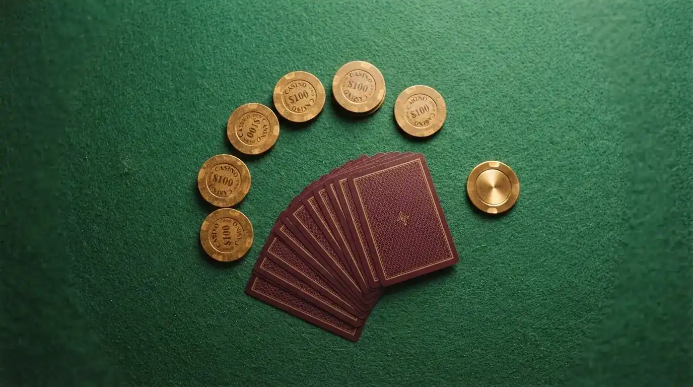 Vista cenital de fichas doradas y una baraja de cartas sobre una mesa de fieltro verde.
