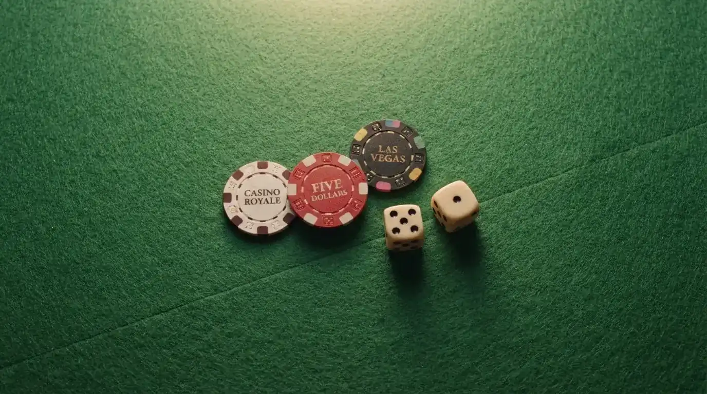 Vista cenital de fichas de casino y dados sobre una mesa de fieltro verde bajo luz suave.