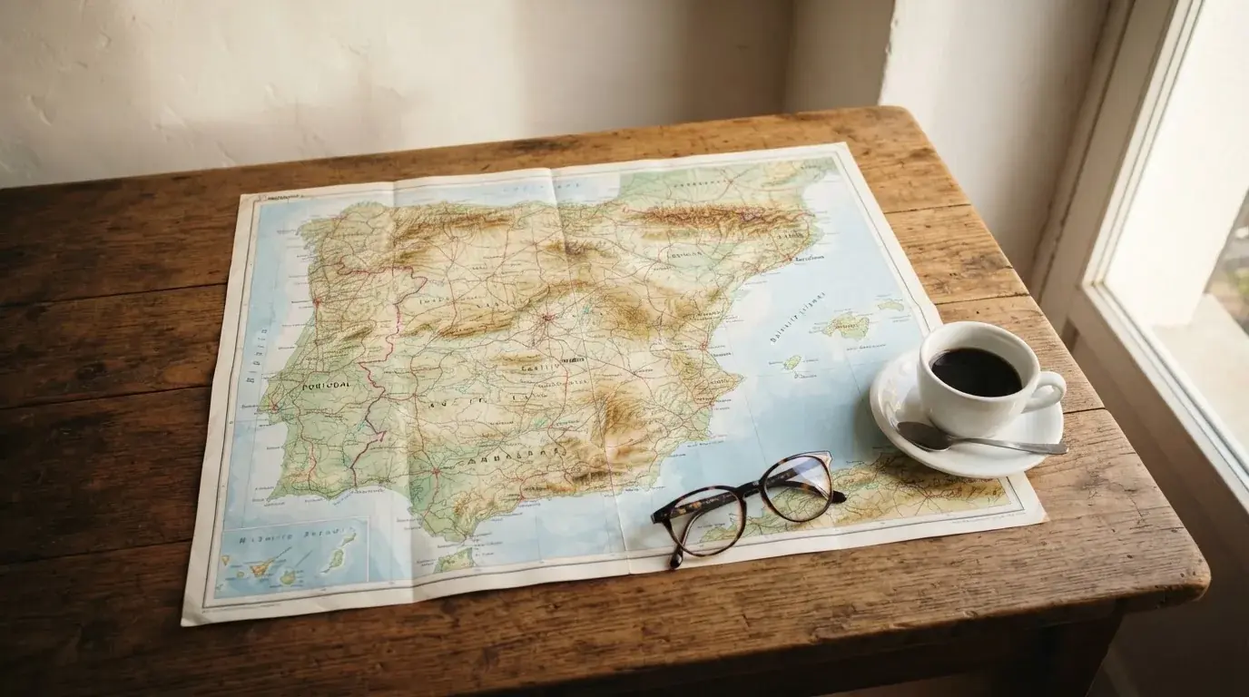 Un mapa físico de España sobre una mesa de madera junto a una taza de café y unas gafas, con luz natural entrando por una ventana.
