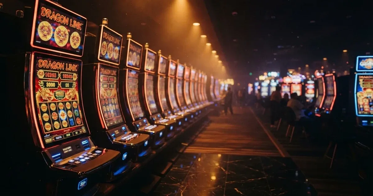 Una fila de máquinas recreativas con luces rojas y doradas en una sala de juego iluminada por focos cálidos durante la noche.