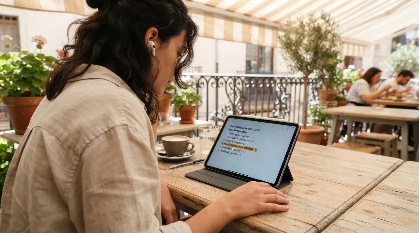 Una persona con auriculares revisa una lista en una tableta apoyada sobre una mesa de café en una terraza soleada.