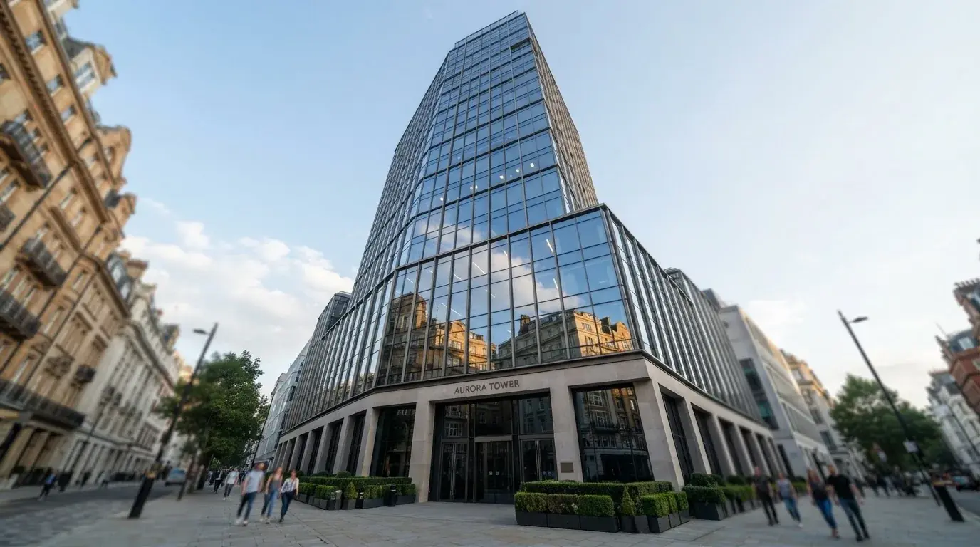 Un edificio de oficinas con fachada de cristal reflejando el cielo, fotografiado desde la acera de una calle ancha.