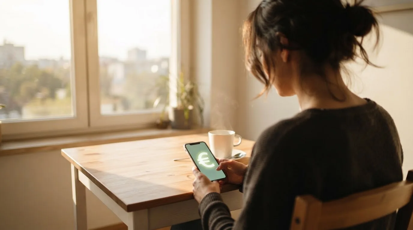 Una persona sostiene una taza de café mientras mira un teléfono móvil sentada junto a una ventana con luz de mañana.