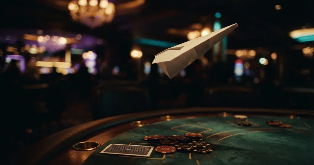 Un avión de juguete de papel sobrevuela una mesa con luces de colores desenfocadas al fondo de una sala oscura.
