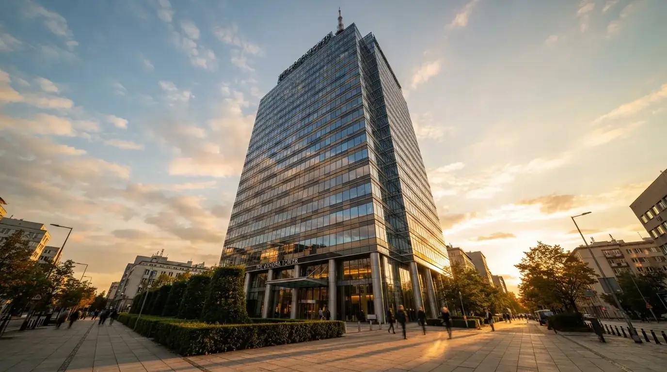 Un edificio de oficinas con fachada de cristal reflejando nubes, fotografiado desde una acera ancha por la tarde.