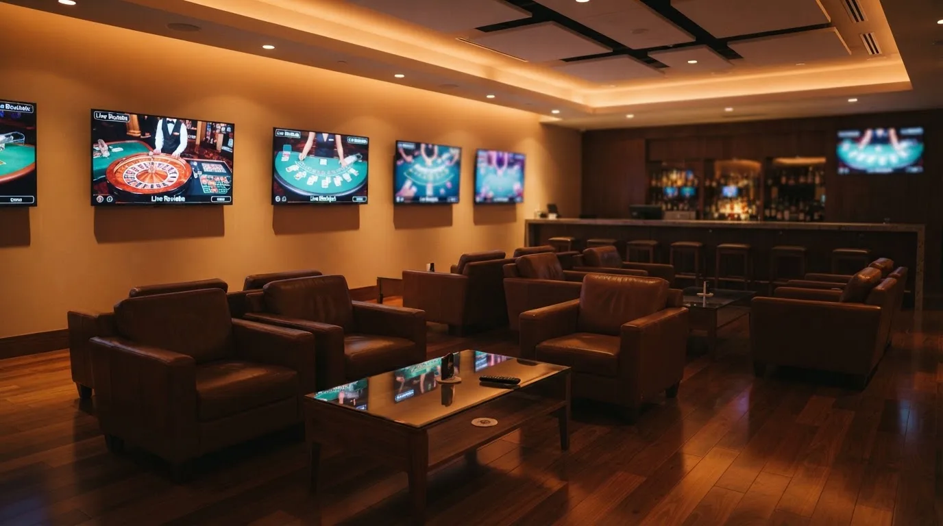 Fotografía de un salón de casino moderno con pantallas de transmisión en directo y sillones cómodos, ambiente cálido y profesional.