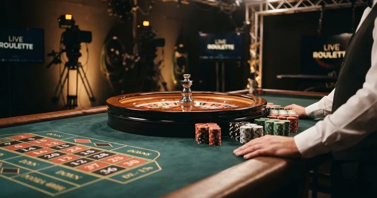 Fotografía realista de una mesa de crupier en vivo con ruleta y fichas de casino, cámaras profesionales enfocando la acción en un estudio elegante.