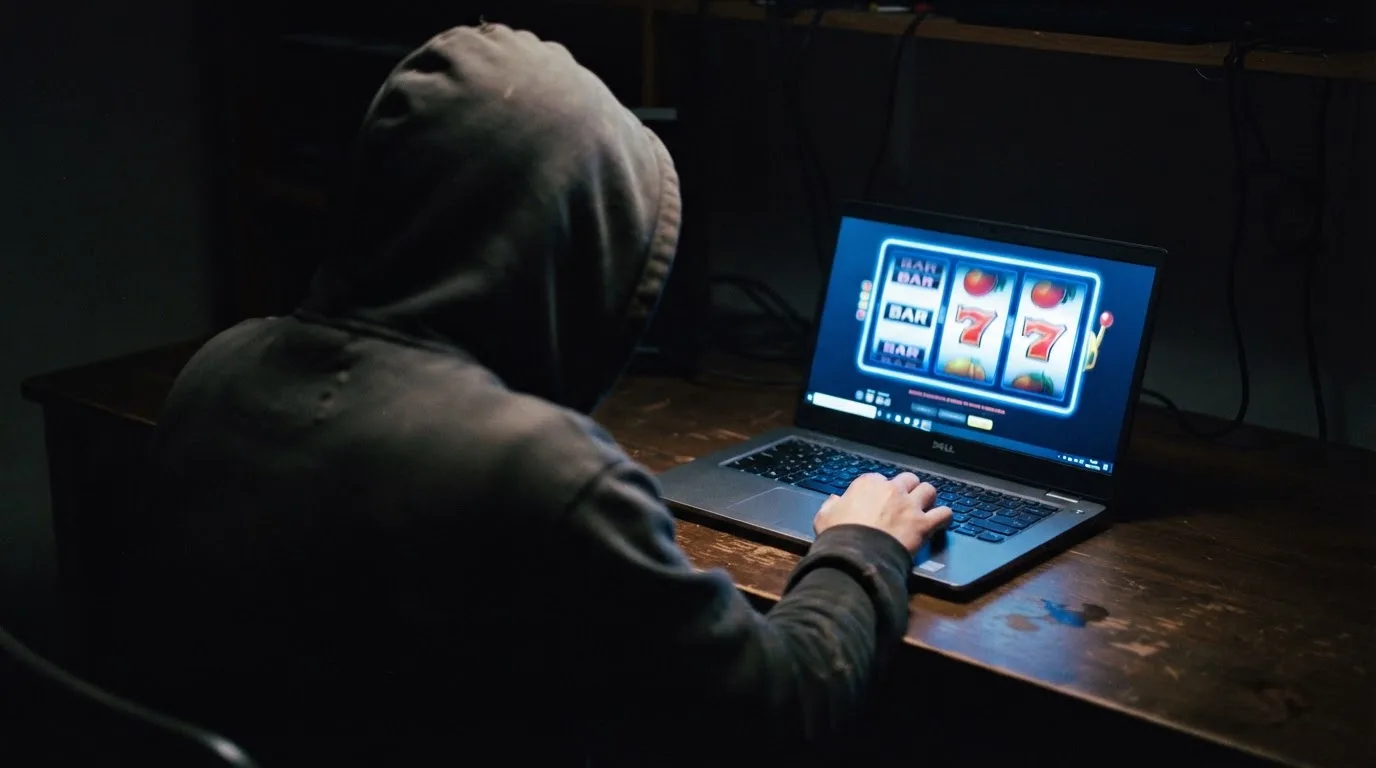 Fotografía de una persona con capucha usando un portátil en una habitación oscura, transmitiendo la idea de anonimato en línea.
