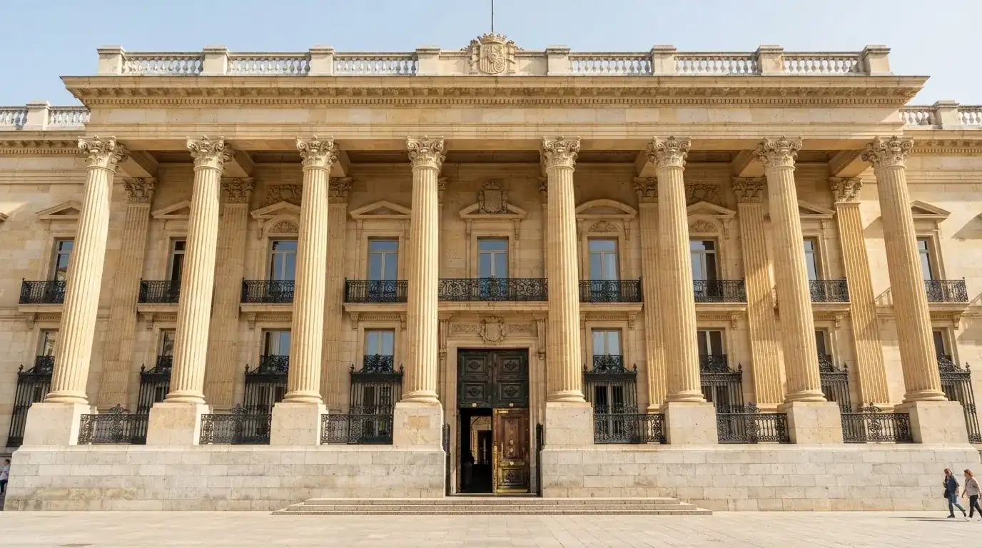 Fotografía de la fachada de un edificio institucional español con columnas clásicas bajo un cielo despejado.