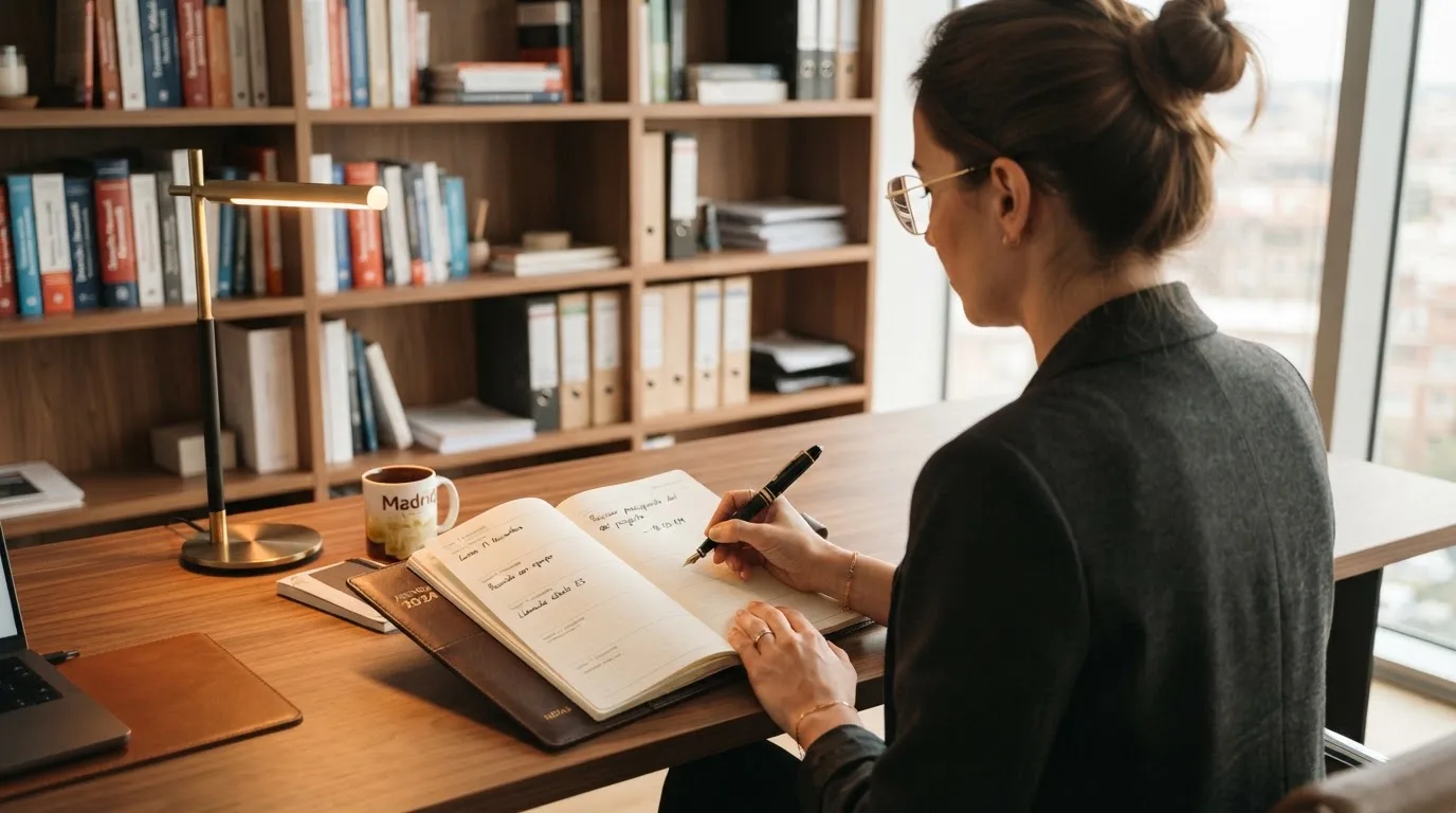 Una mujer con gafas revisa su agenda en un escritorio de oficina moderna con estanterías al fondo.