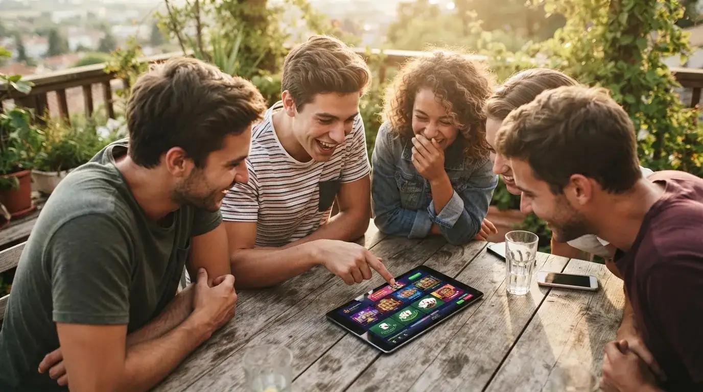 Un grupo de amigos revisa algo en una tableta sobre una mesa de madera en una terraza al aire libre.