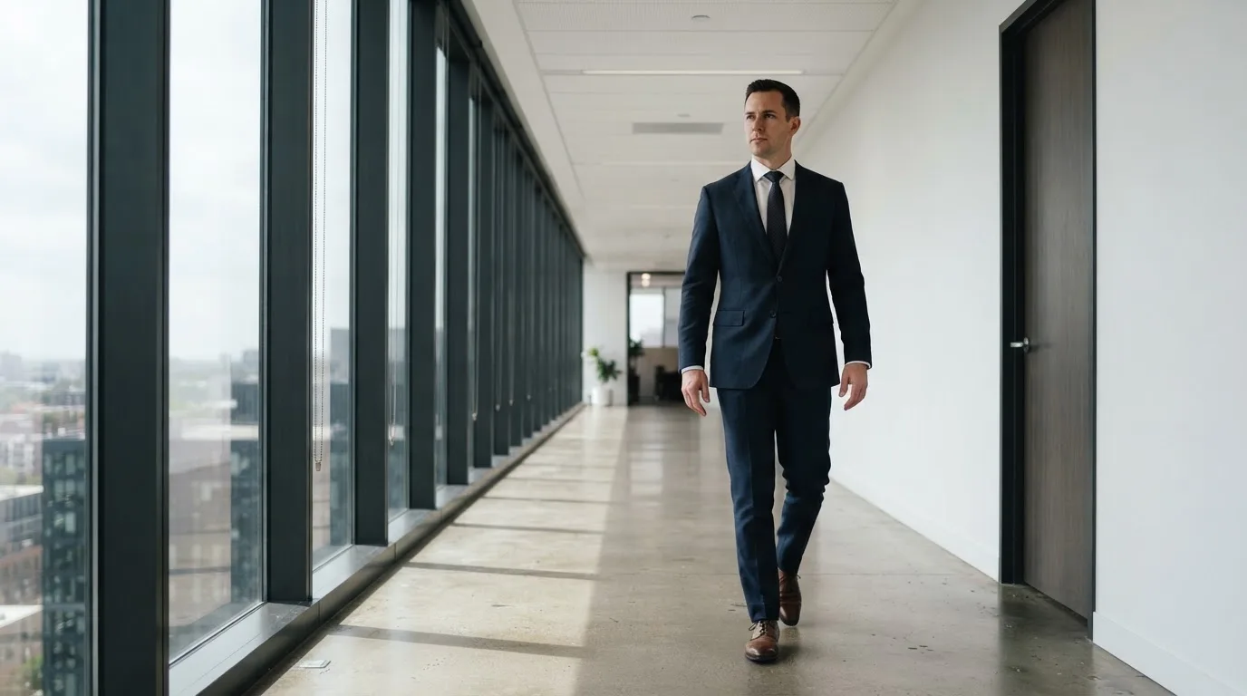 Un hombre con traje camina por el pasillo de un edificio de oficinas moderno con grandes ventanales.