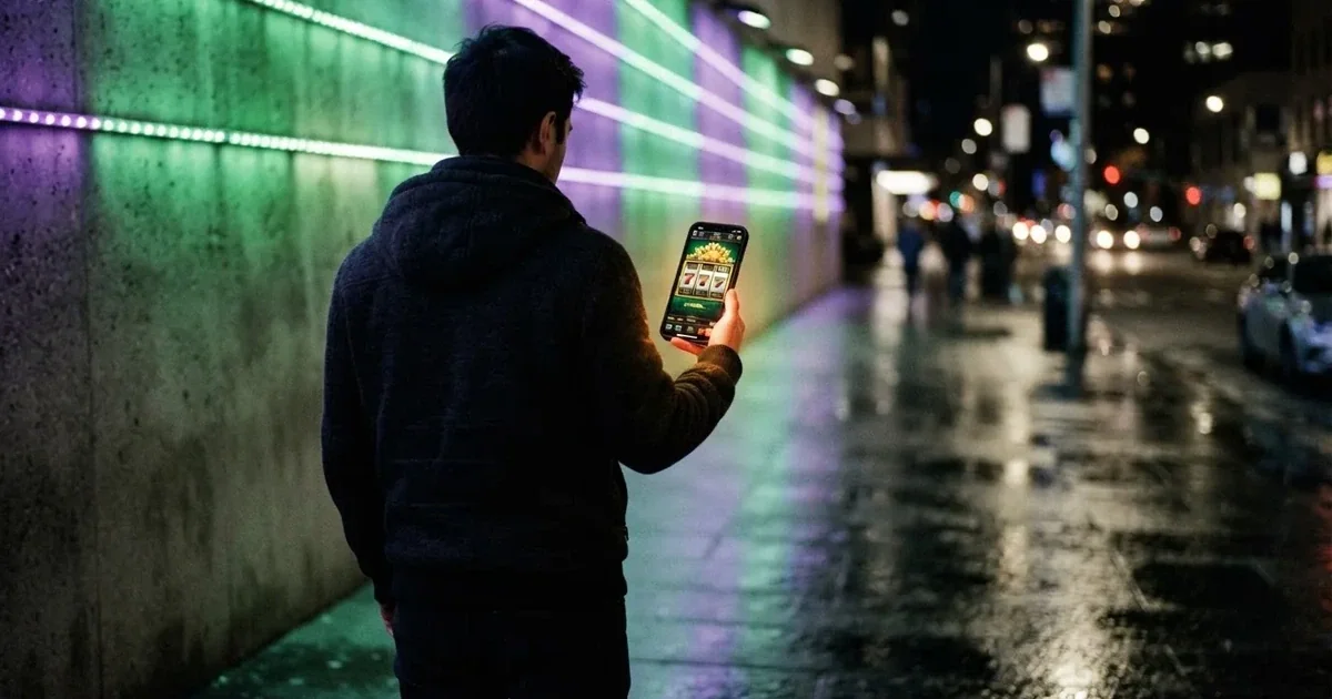 Una persona sostiene un smartphone frente a una pared con luces LED verdes y moradas, en un ambiente urbano nocturno.