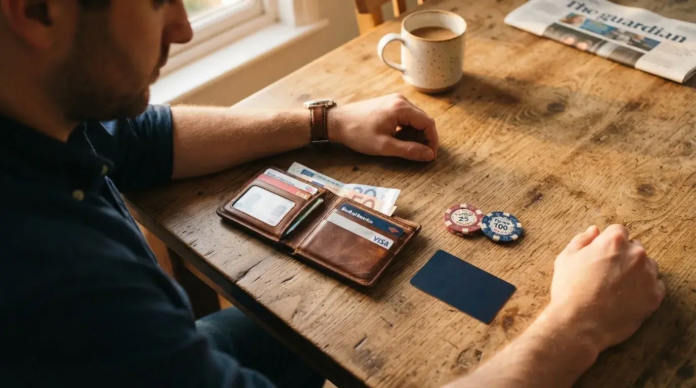 Un hombre revisa su cartera con tarjetas y monedas sobre una mesa de madera en casa.
