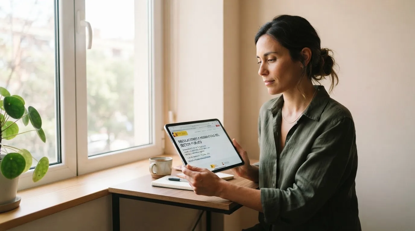 Una mujer consulta información oficial en la pantalla de su tableta, sentada junto a una ventana con luz natural.