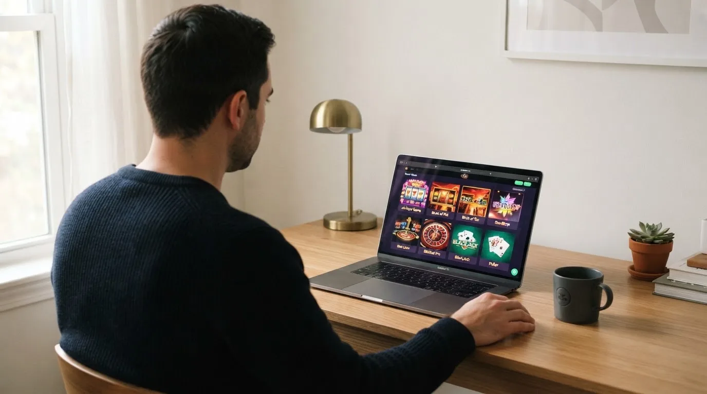 Un hombre explora distintos juegos gratuitos de casino en la pantalla de su ordenador portátil, sentado en su escritorio.