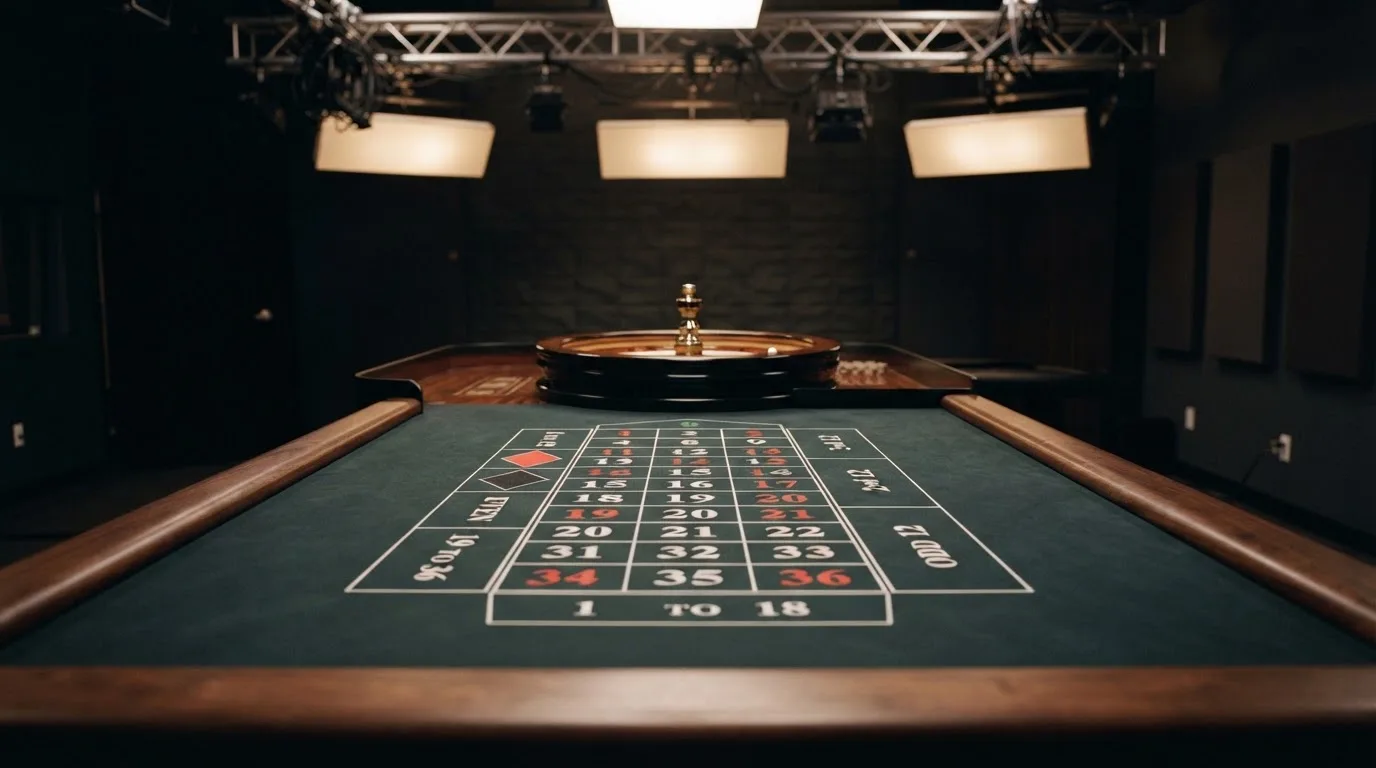 Una mesa de ruleta en vivo vacía momentos antes de empezar la retransmisión, con luces de estudio profesional encendidas.