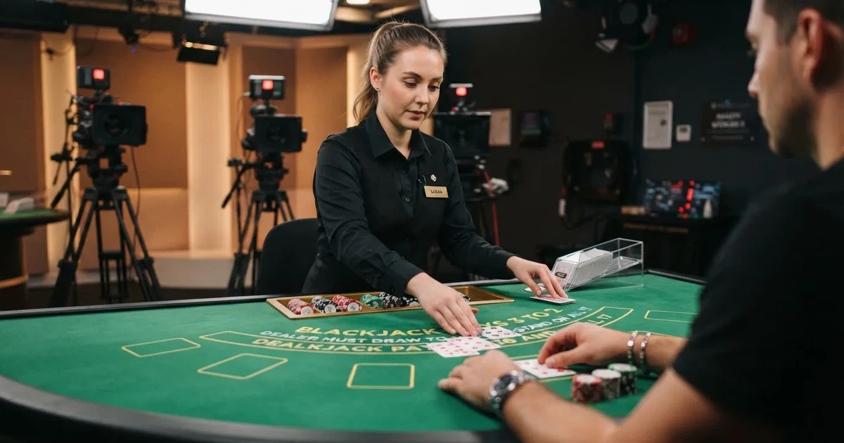Un crupier reparte cartas en una mesa de blackjack en vivo, con cámaras de estudio visibles ligeramente desenfocadas al fondo.