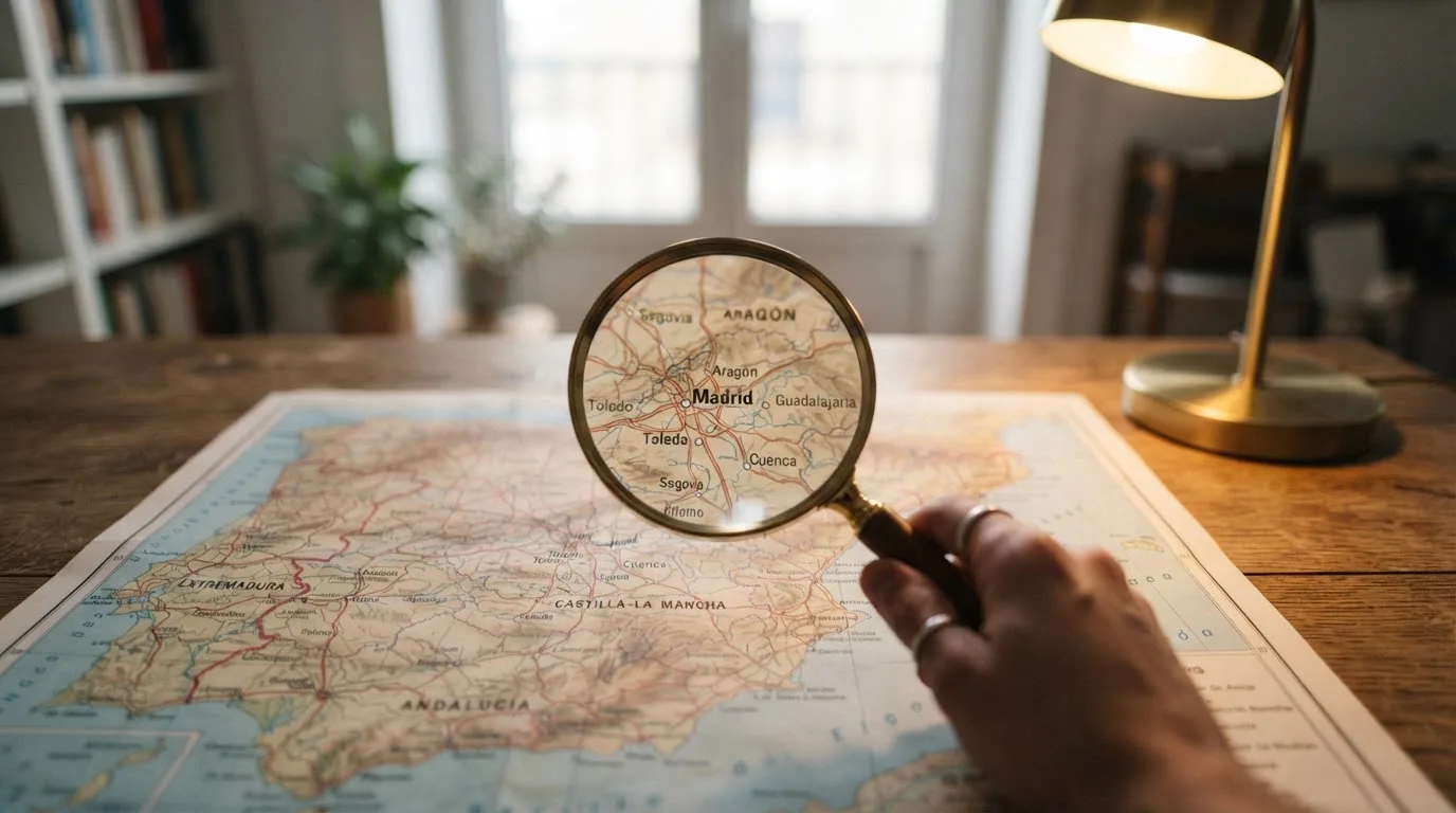 Una lupa sobre un mapa de España iluminado en un escritorio de oficina, con una ventana al fondo desenfocada.