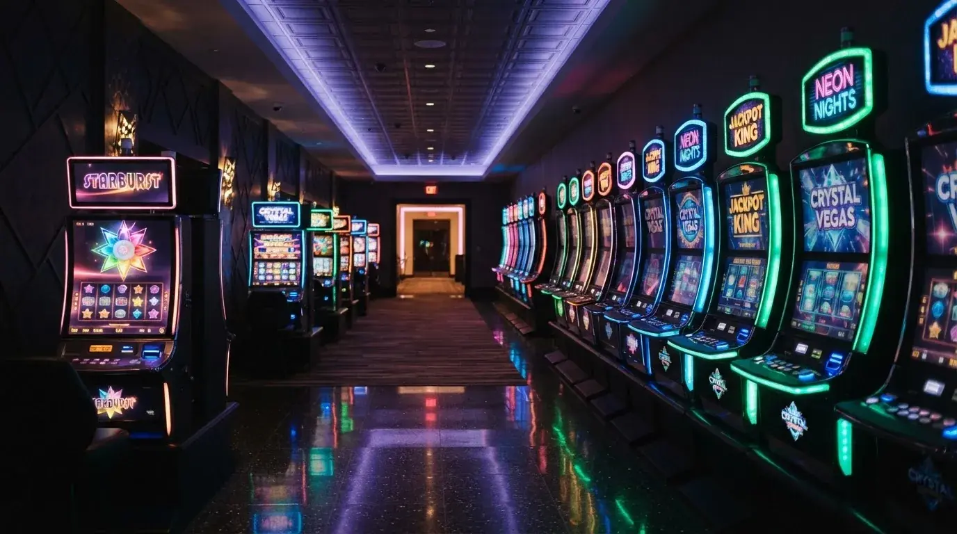 Una hilera de máquinas tragaperras modernas con luces de colores encendidas, fotografiada en un pasillo de casino vacío.