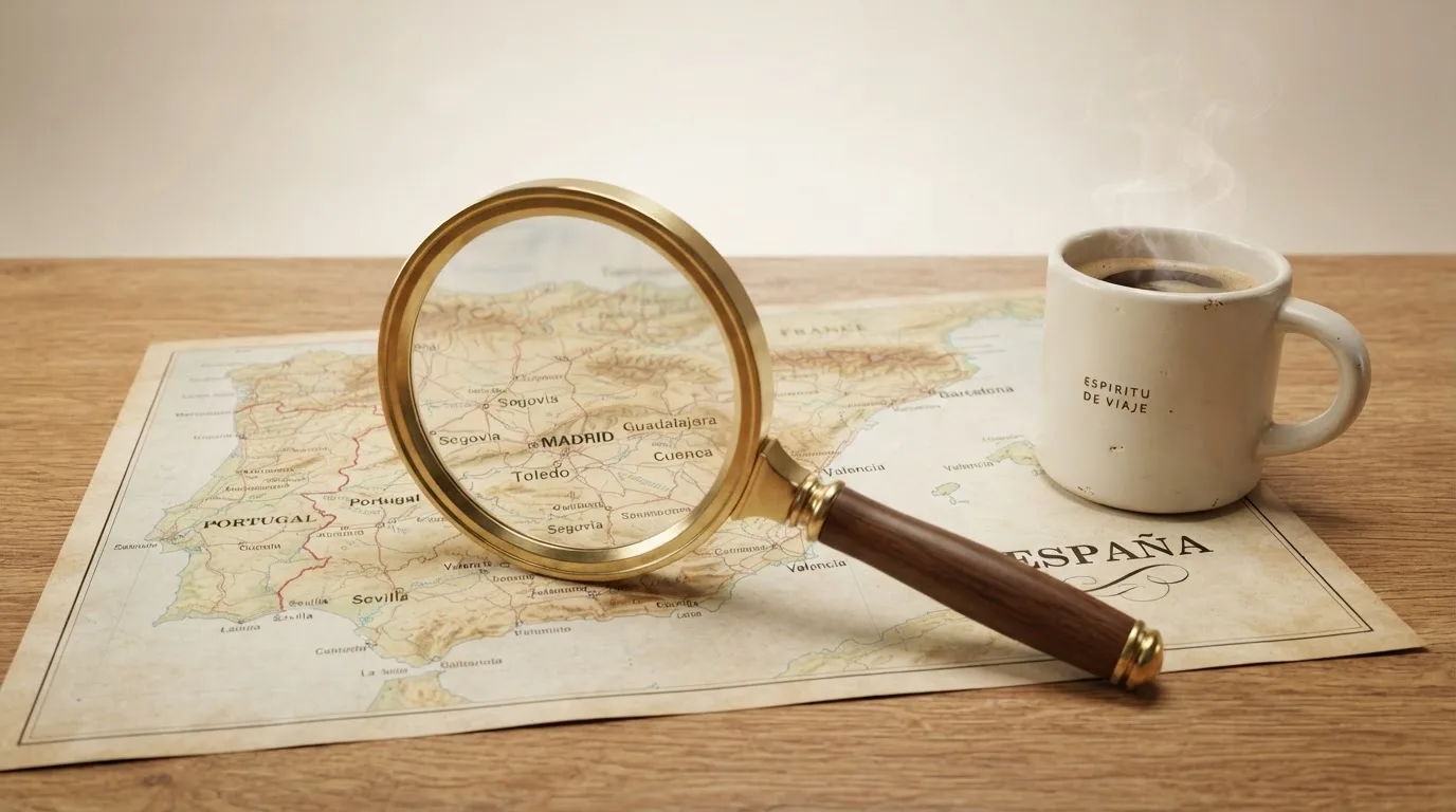 Una lupa sobre un mapa de España colocado en un escritorio de madera junto a una taza de café humeante.