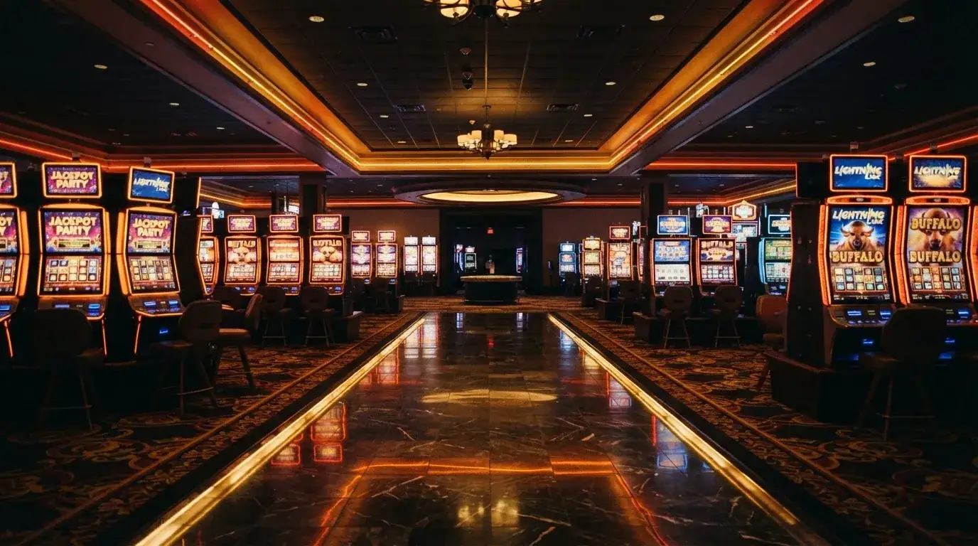 Fotografía de luces de neón doradas reflejadas en el suelo de un casino vacío durante la noche.
