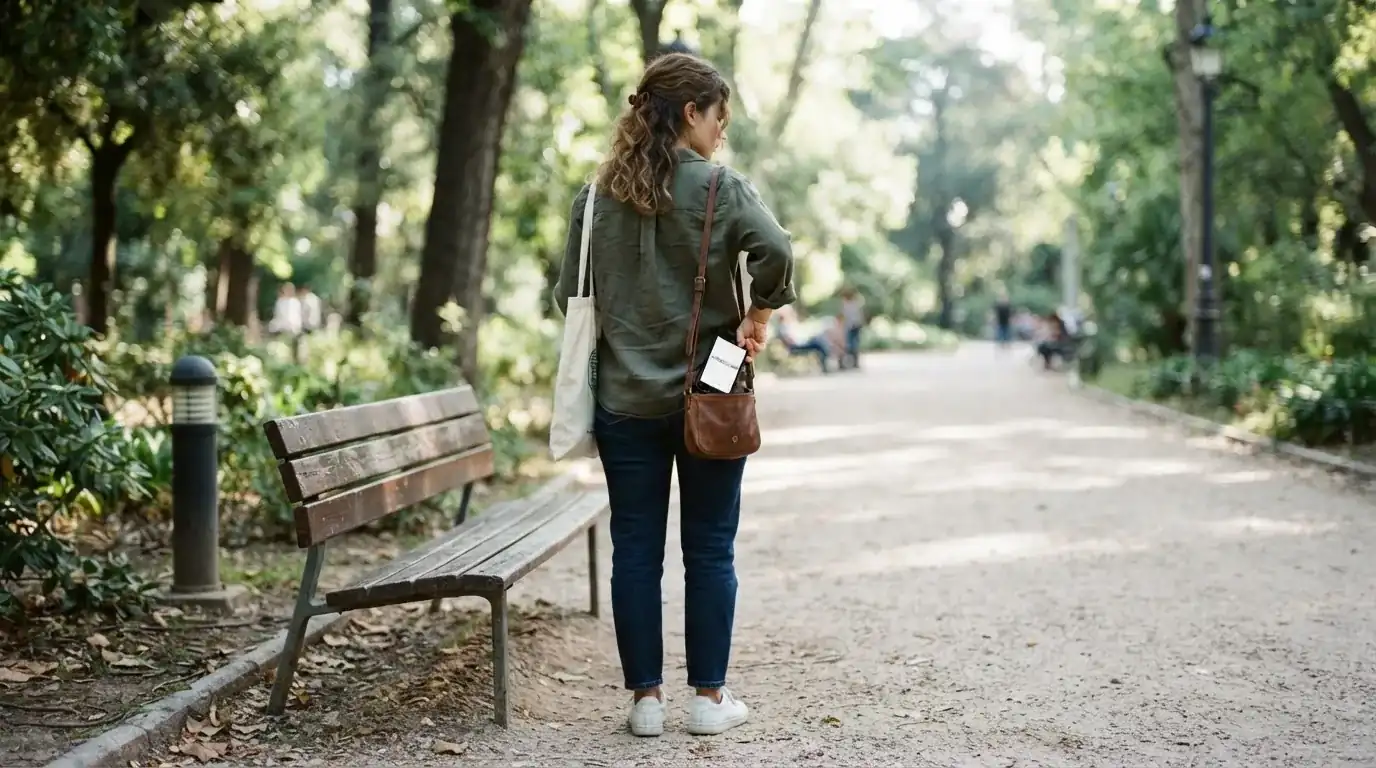 Fotografía de una persona guardando el móvil en un bolso antes de salir a caminar por un parque.